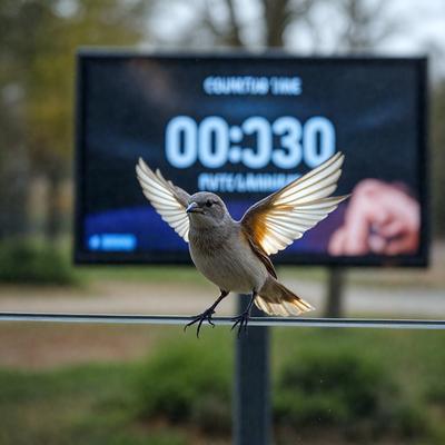 The primary subject of the image is a small bird perched on a metal pole or fence. The bird is facing the camera, and its wings are spread out, giving the impression of flying. The setting is an outdoor environment, with a clock visible in the background. The visual style of the image is a photo, capturing the bird in its natural habitat. The colors and mood of the image are predominantly neutral, with the bird being the main focus and the clock providing a sense of time.